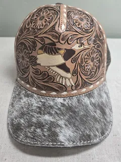Tooled Leather Bird & Cowhide Cap