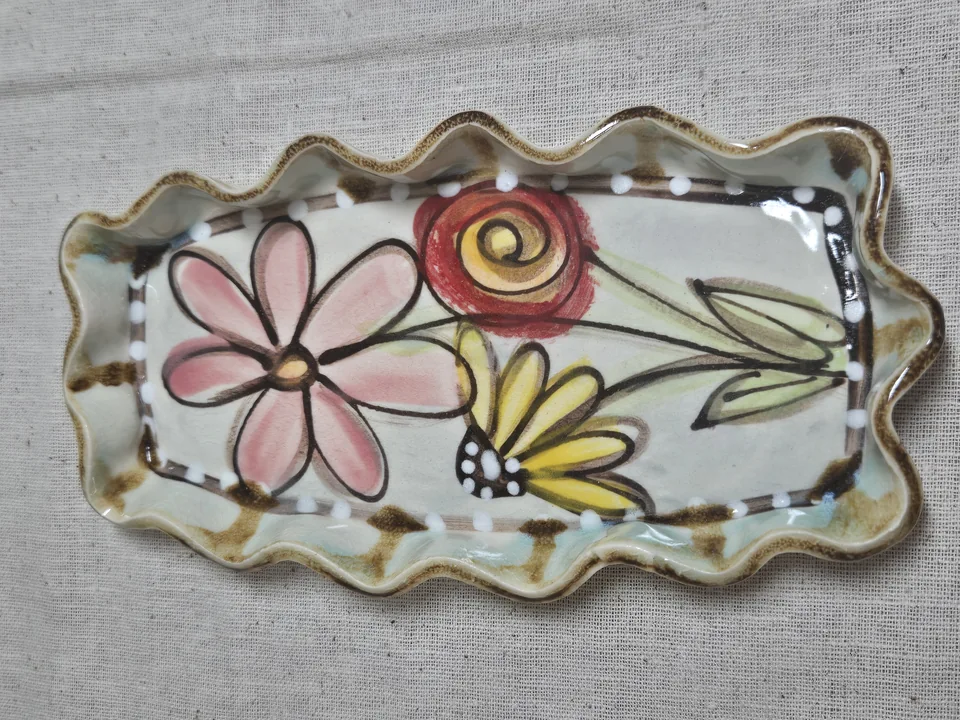 Ruffled Ceramic Tray with Hand-Painted Wildflowers