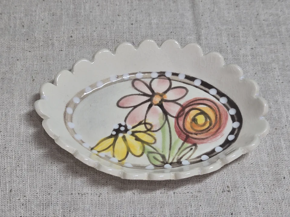 Scalloped Ceramic Dish with Hand-Painted Floral Design