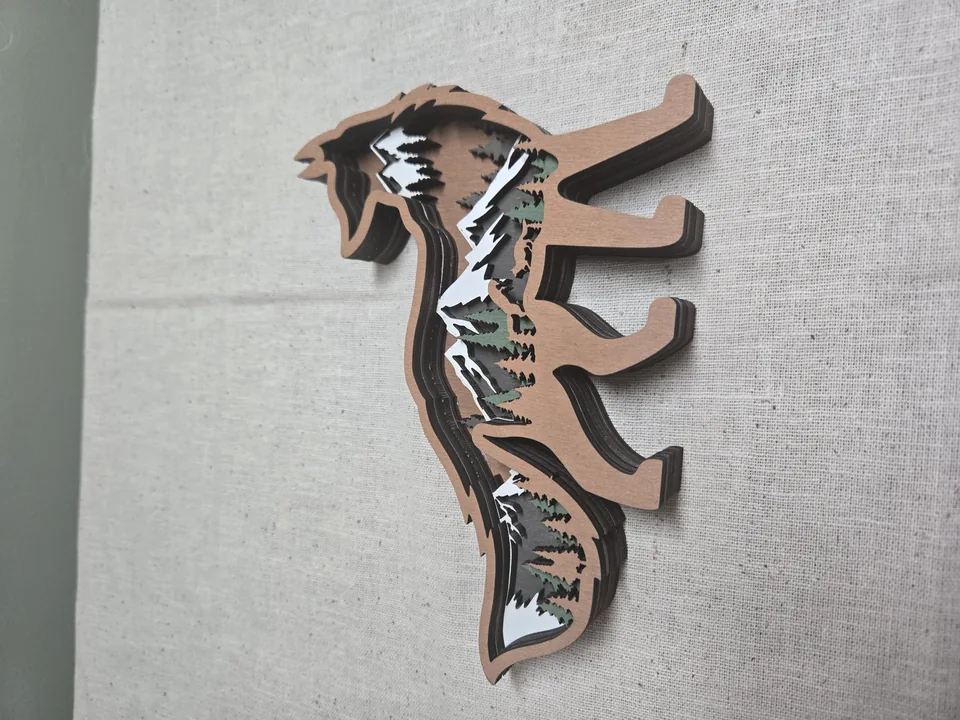 Wooden Wolf Silhouette with Mountain & Forest Scene